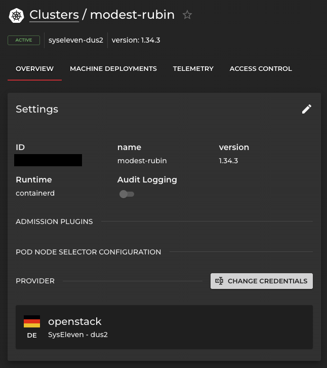 cluster overview to change credentials