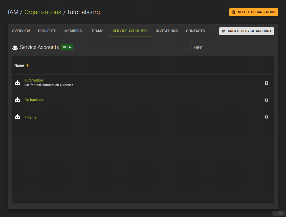 List Service Accounts