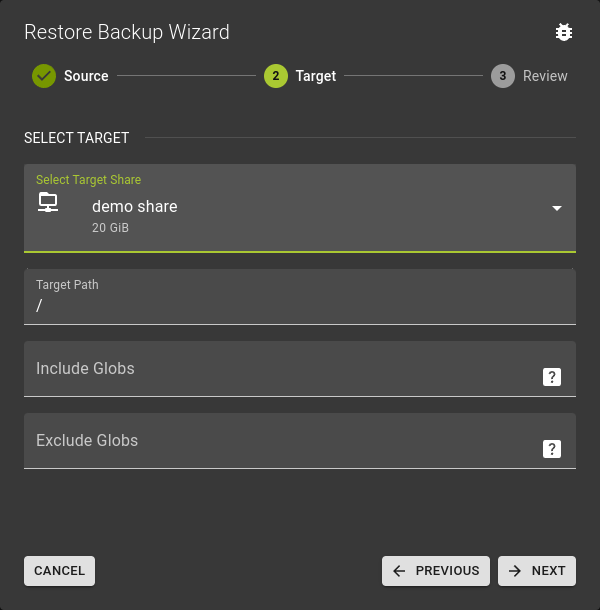 Restore NFS Share - Select Target