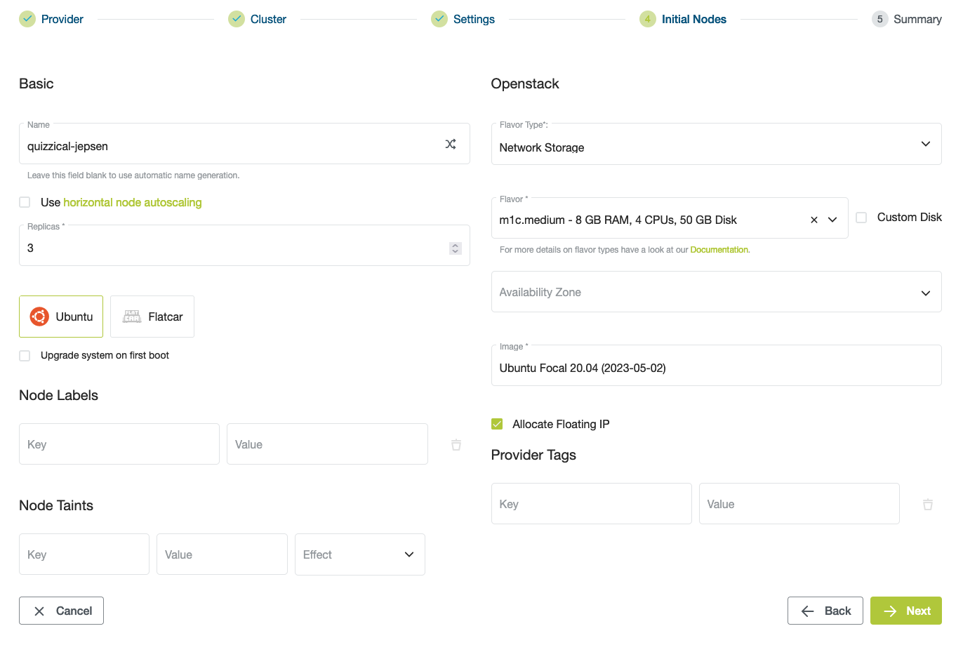 Overview of cluster settings with highlighted node section