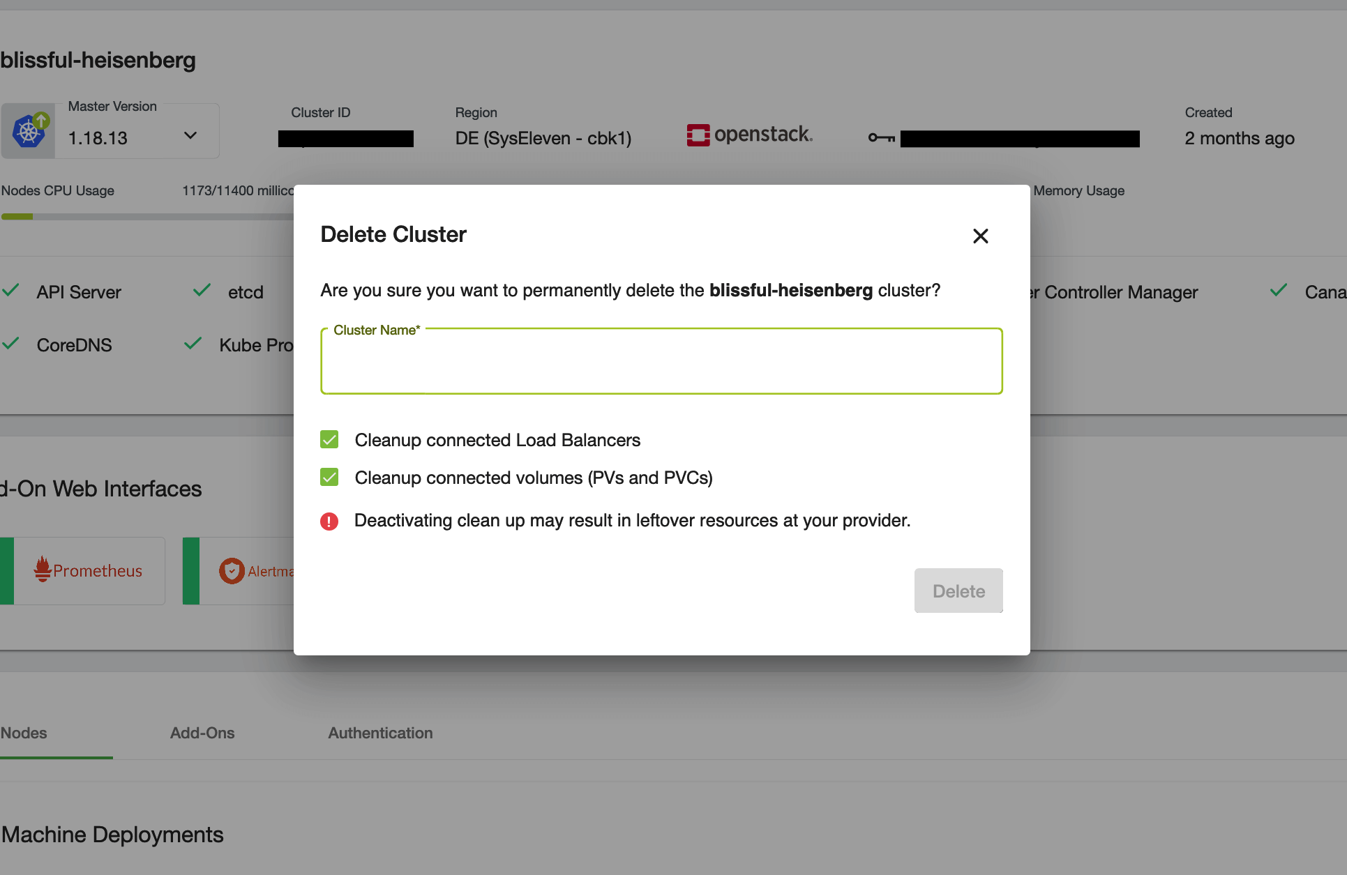 Confirmation dialog for the cluster deletion