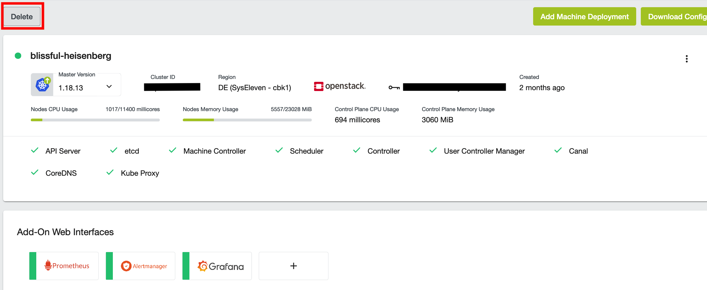 Cluster deletion button in the top right corner