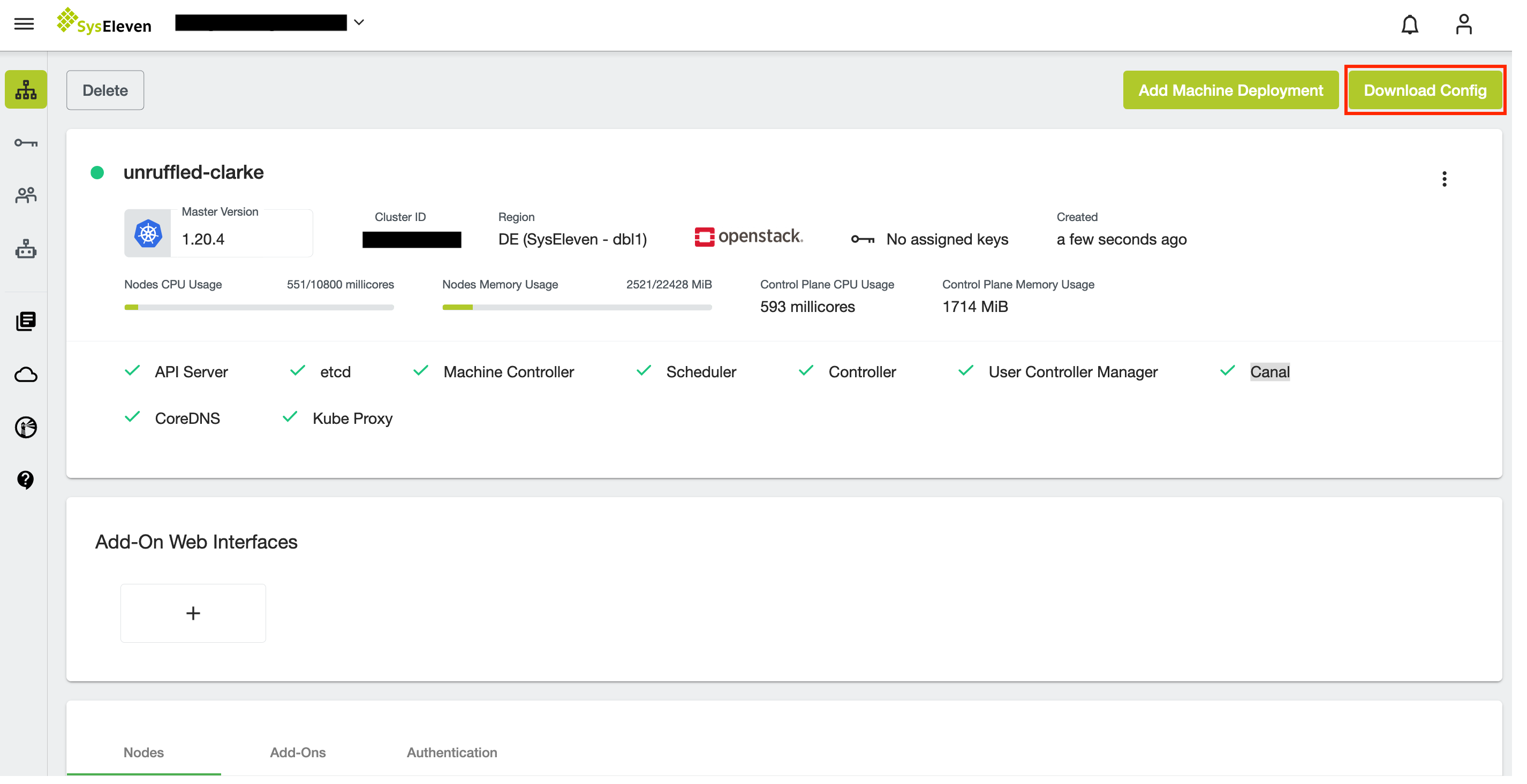 Download config button in the top right corner