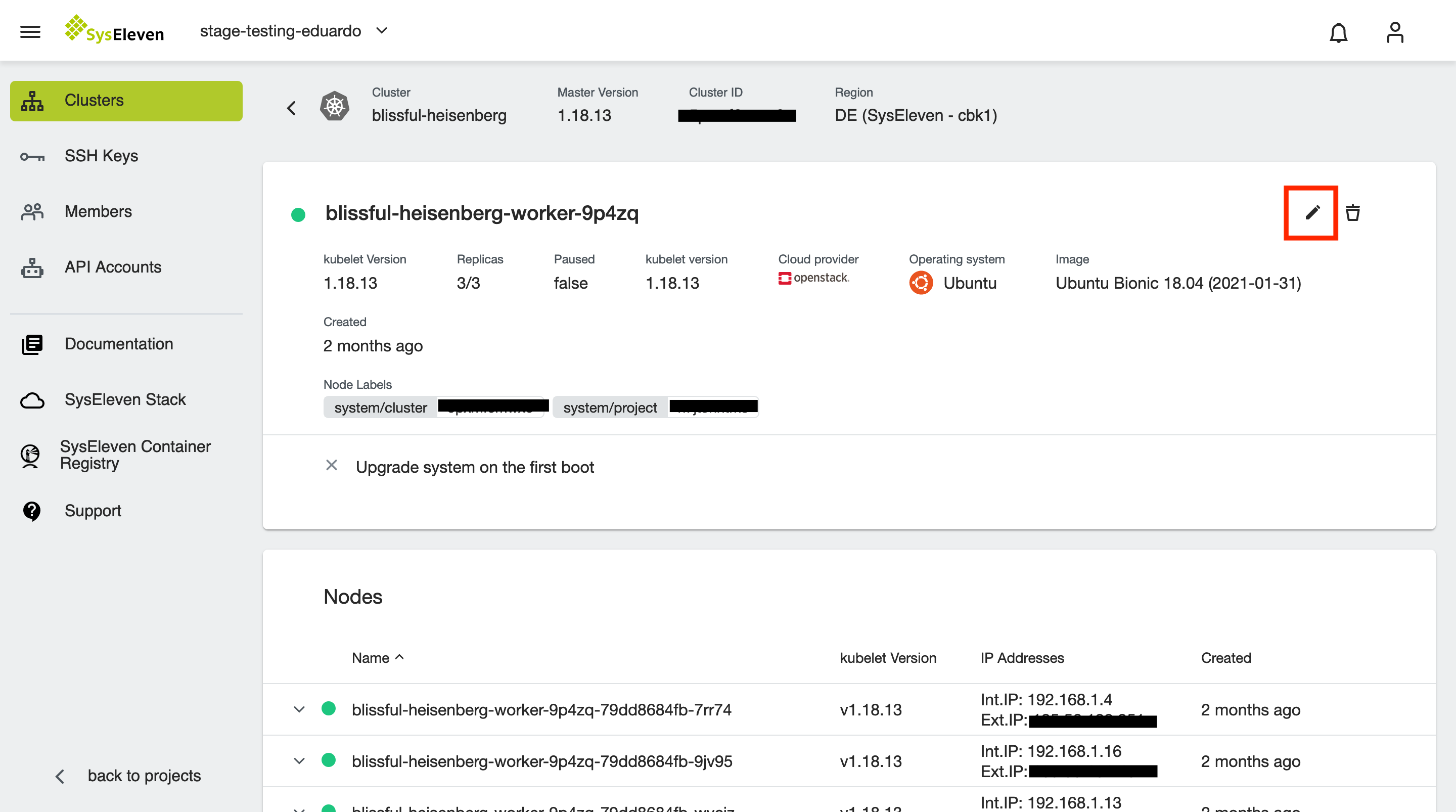 Node deployment overview with highlighted edit button