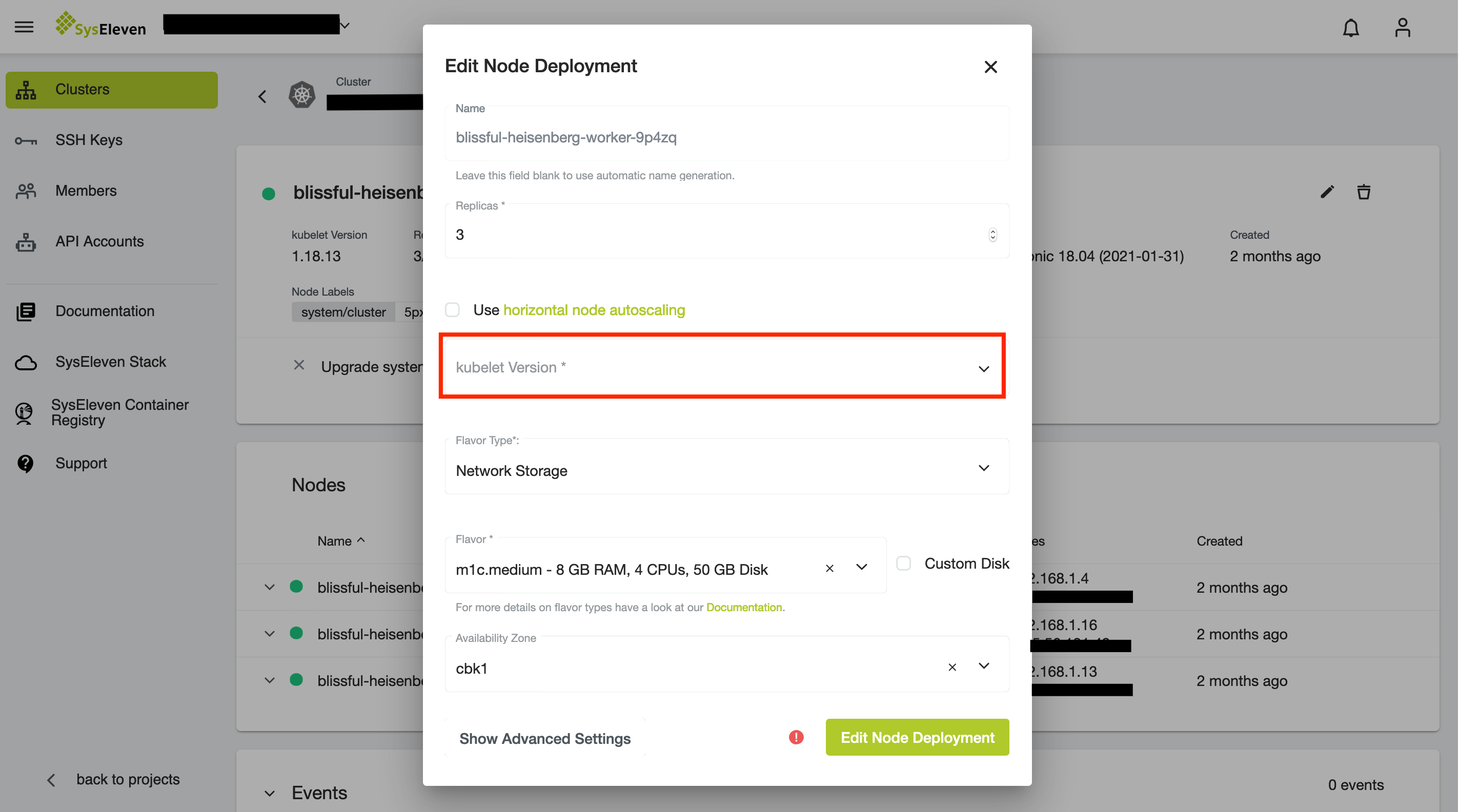 Node deployment edit modal